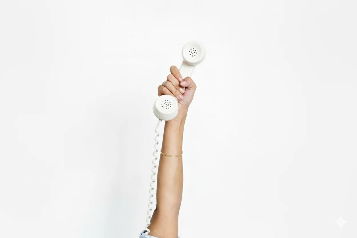 Wedding guest holding an ivory audio guestbook telephone handset